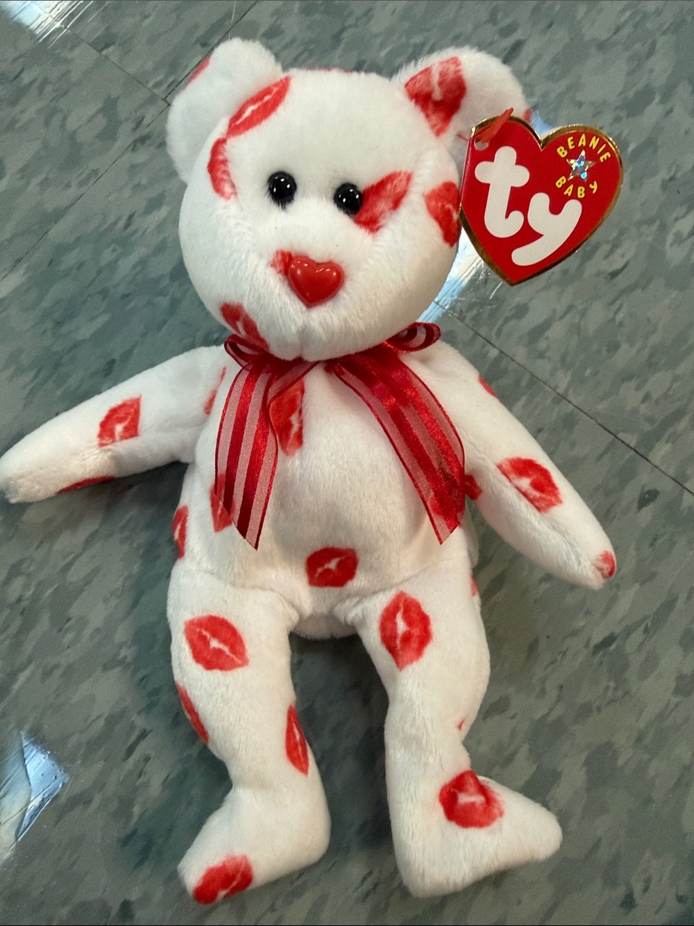 Ty Beanie Baby Smooch White Plush Bear with Red Kiss Prints
